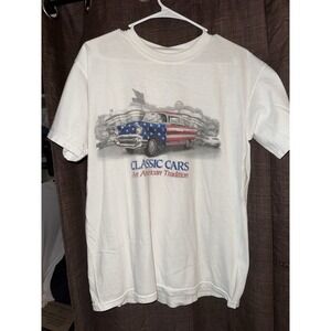 Vintage Golden Activewear Classic Cars T-Shirt White Cotton Sz M USA